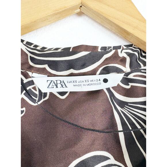 Zara Printed Wrap Midi Dress Size XS Brown Floral Satin Long Sleeve 9445/853/700 - Picture 5 of 14